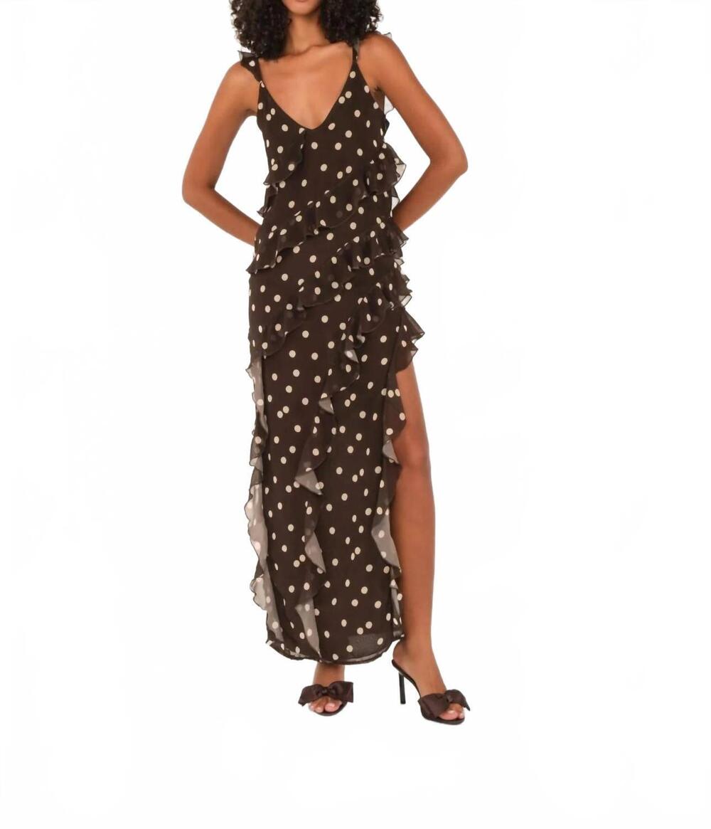 NEW THE LULO PROJECT cascade maxi dress in brown polka dot chiffon